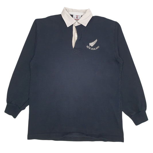 Mens Black Barbarian Vintage 90s New Zealand Rugby Long Sleeve Polo Shirt