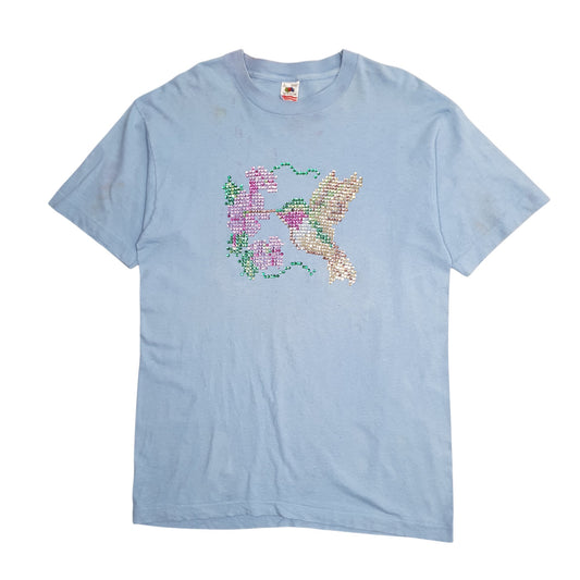 Mens Blue Fruit Of The Loom Single Stitch Vintage 90s Sequins Short Sleeve T Shirt