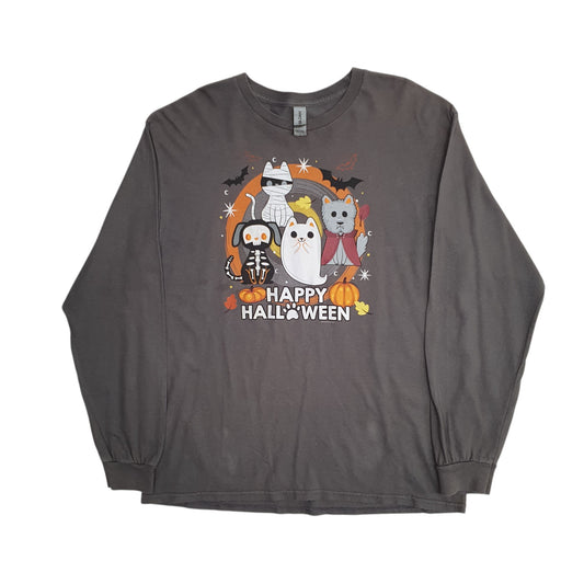 Mens Grey Gildan Happy Halloween Long Sleeve T Shirt