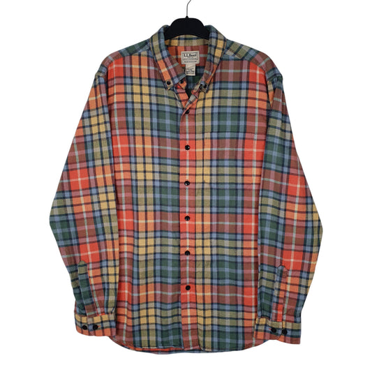 Mens Orange L.L.Bean Thick Flannel Plaid Long Sleeve Shirt
