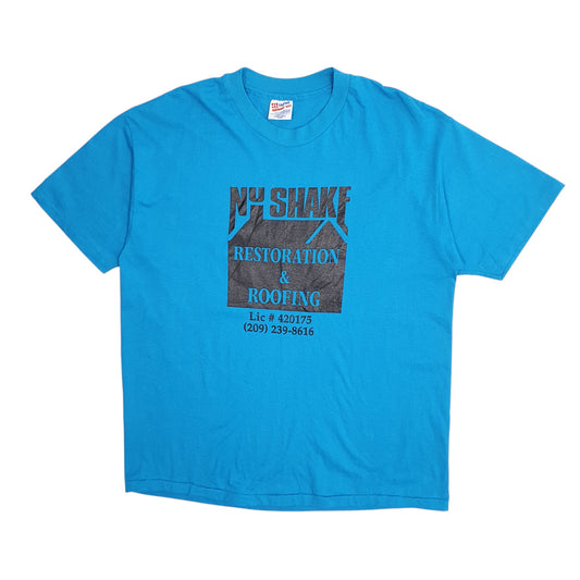 Mens Blue Hanes Single Stitch Vintage 90s Roofing Short Sleeve T Shirt