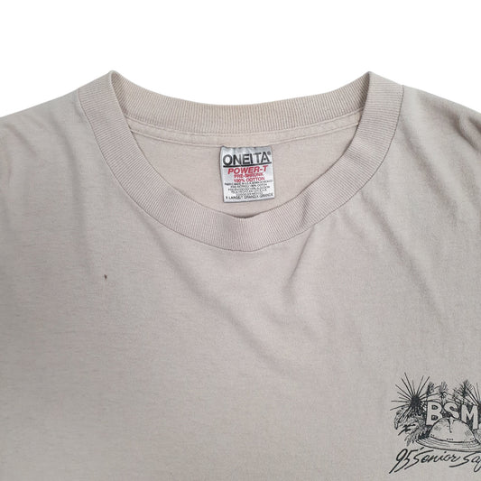 Mens Beige Oneita Single Stitch Vintage 90s T Shirt