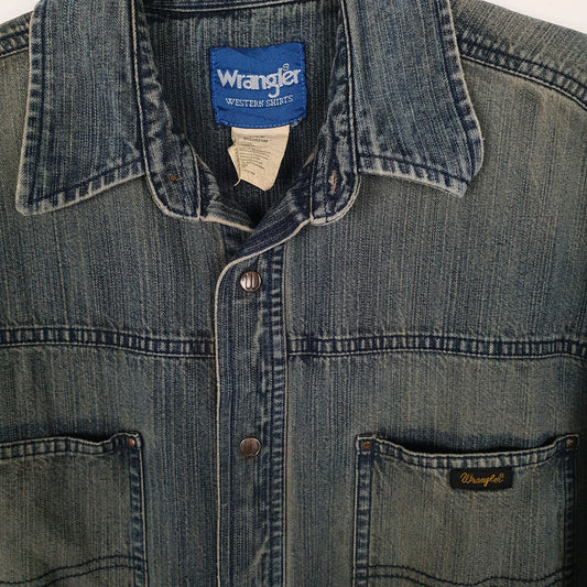 Mens Navy Wrangler Denim Snap Rodeo Shirt