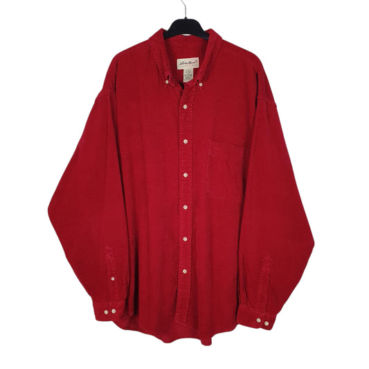 Mens Red Eddie Bauer Corduroy Vintage 90s Long Sleeve Shirt