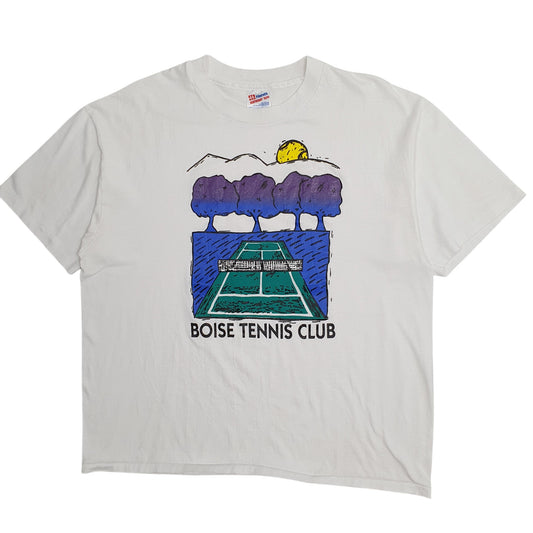 Mens White Hanes Single Stitch Vintage 90s Boise Tennis Club Short Sleeve T Shirt