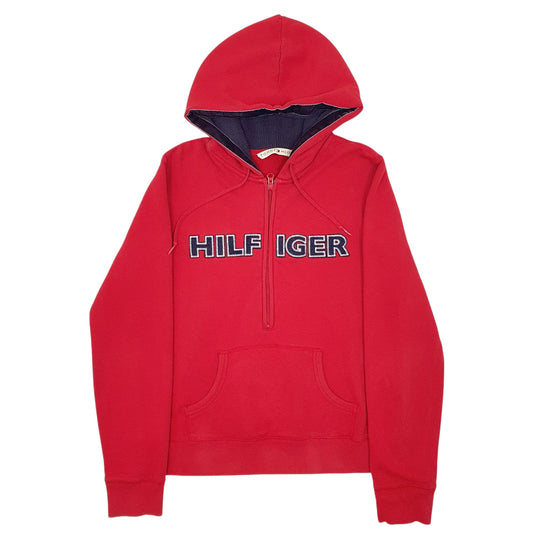 Womens Red Tommy Hilfiger Hoodie Spellout Quarter Zip Jumper