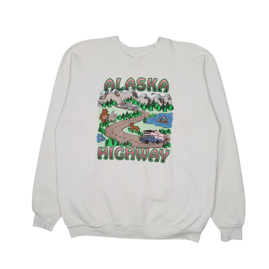Mens White Fruit Of The Loom Vintage 90s 1992 Alaska Highway Crewneck Jumper