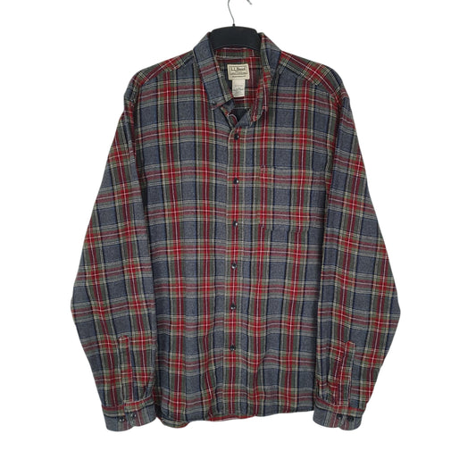 Mens Grey L.L.Bean Thick Flannel Plaid Long Sleeve Shirt