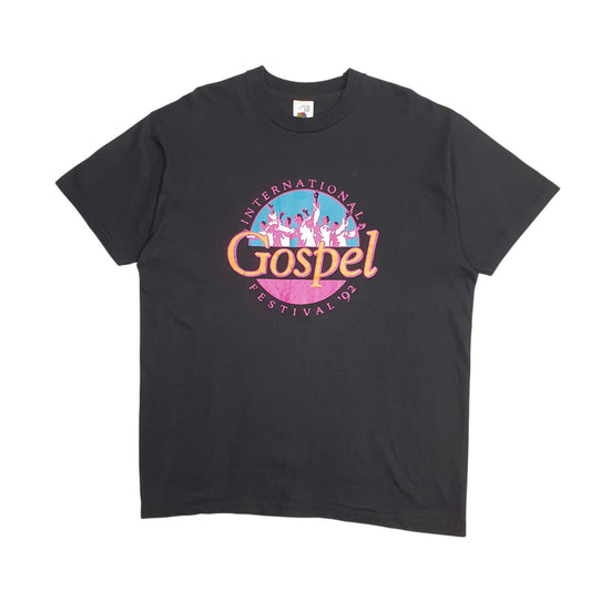 Mens Black Fruit Of The Loom Single Stitch Vintage 90s Gospel Short Sleeve T Shirt