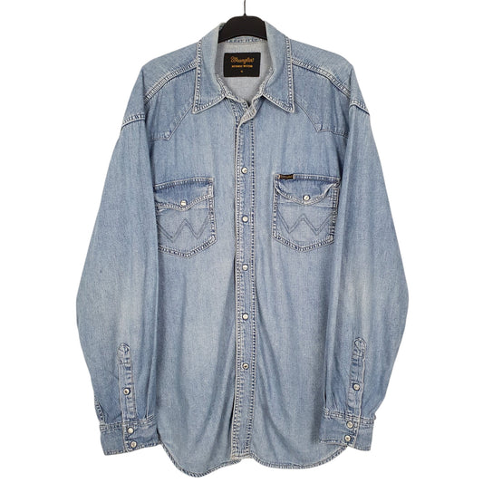 Mens Blue Wrangler Denim Pearl Snap Rodeo Long Sleeve Shirt