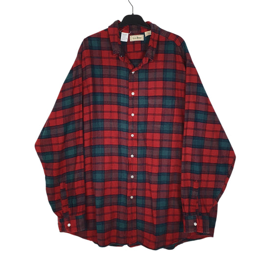 Mens Red L.L.Bean Vintage 90s Scotch Plaid Flannel Long Sleeve Shirt