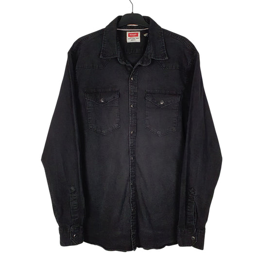 Mens Black Wrangler Denim Cowboy Pearl Snap Long Sleeve Shirt