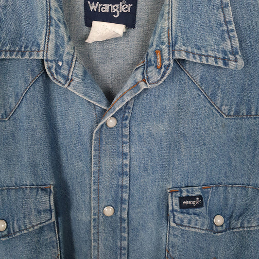 Mens Blue Wrangler Denim Pearl Snap Rodeo Shirt