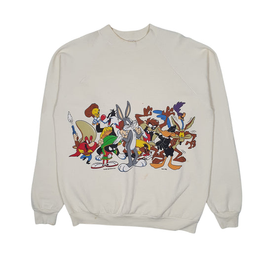 Mens Cream Fruit Of The Loom Vintage 90s 1994 Looney Tunes Crewneck Jumper