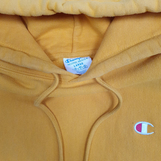 Mens Yellow Champion Reverse Weave Hoodie Jumper