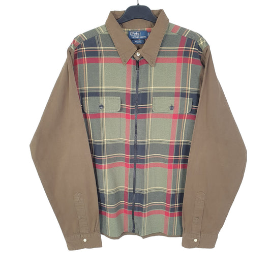 Ralph Lauren Zip Through Polo Whitfield 90s Long Sleeve Custom Fit Check Shirt Khaki