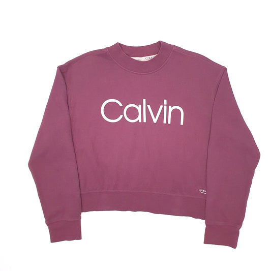Womens Burgundy Calvin Klein Crop Top Spellout Crewneck Jumper