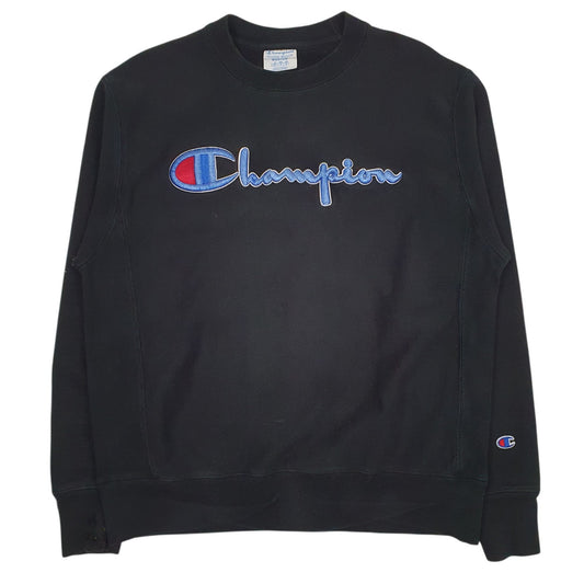 Mens Black Champion Reverse Weave Spellout Embroidered Crewneck Jumper