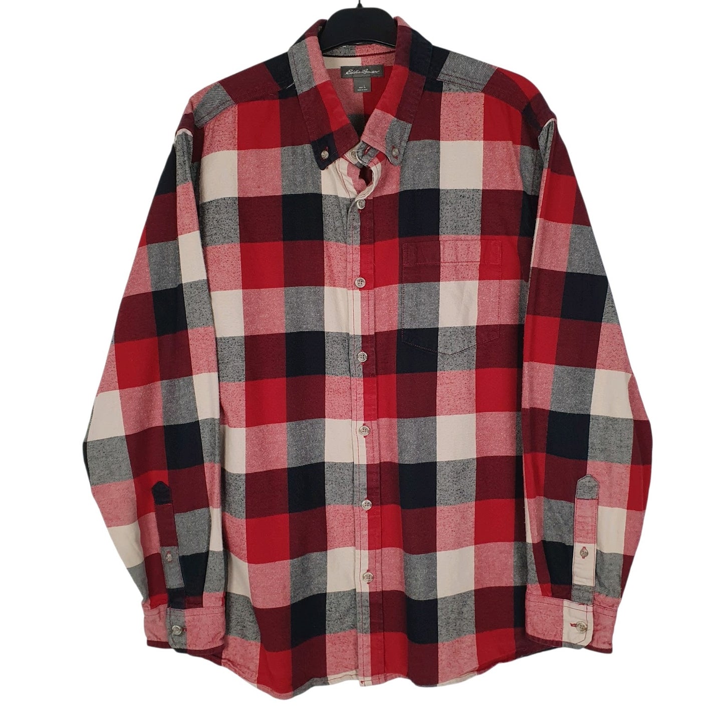 Mens Red Eddie Bauer Heavyweight Plaid Flannel Long Sleeve Shirt