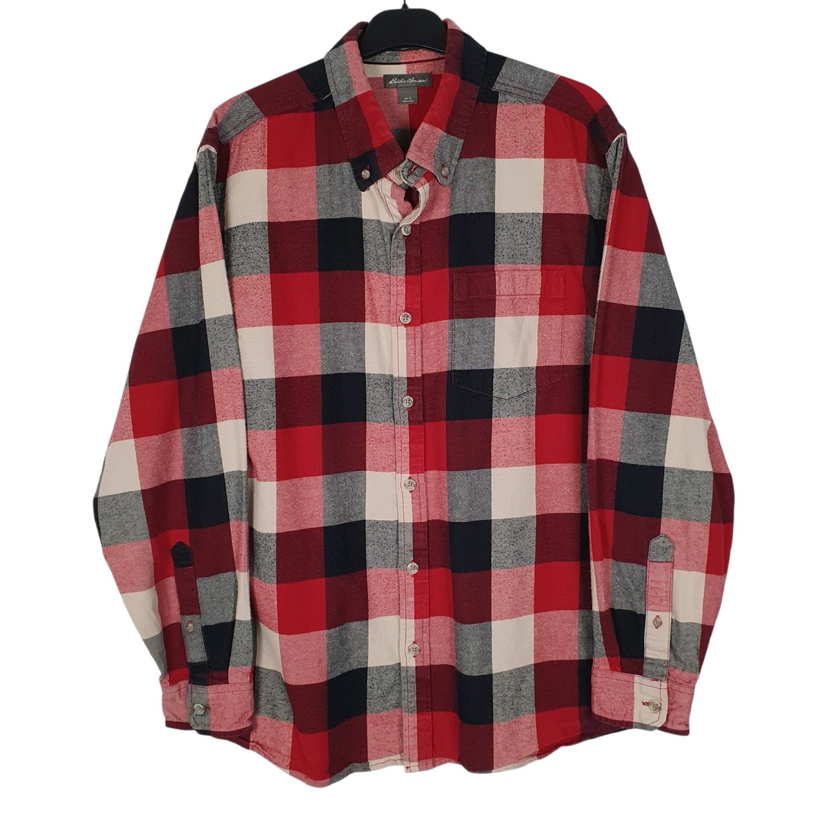 Mens Red Eddie Bauer Heavyweight Plaid Flannel Long Sleeve Shirt