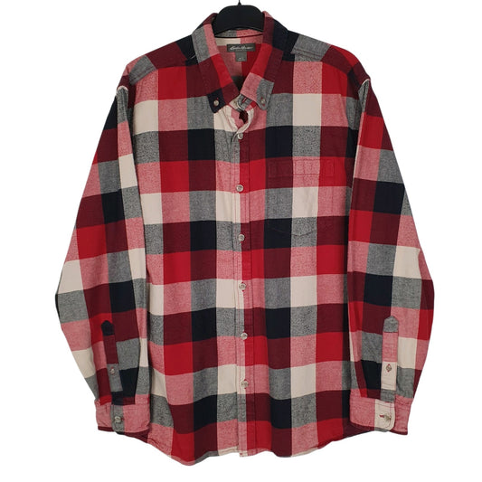 Mens Red Eddie Bauer Heavyweight Plaid Flannel Long Sleeve Shirt