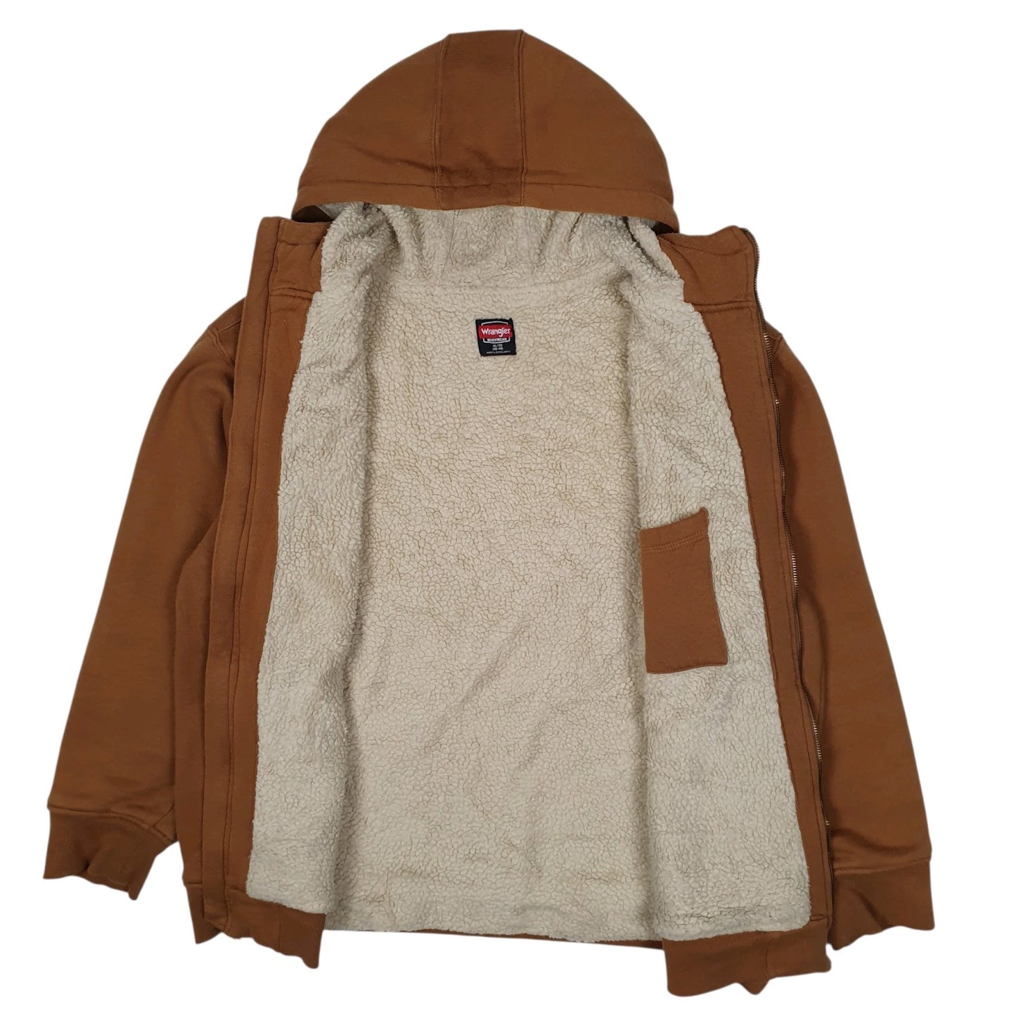 Mens Brown Wrangler Sherpa Lined Hoodie Heavyweight Workwear Full Zip Jumper
