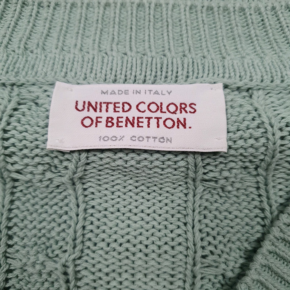 Mens Green United Colors Of Benetton Vintage Cable Knit V Neck Jumper