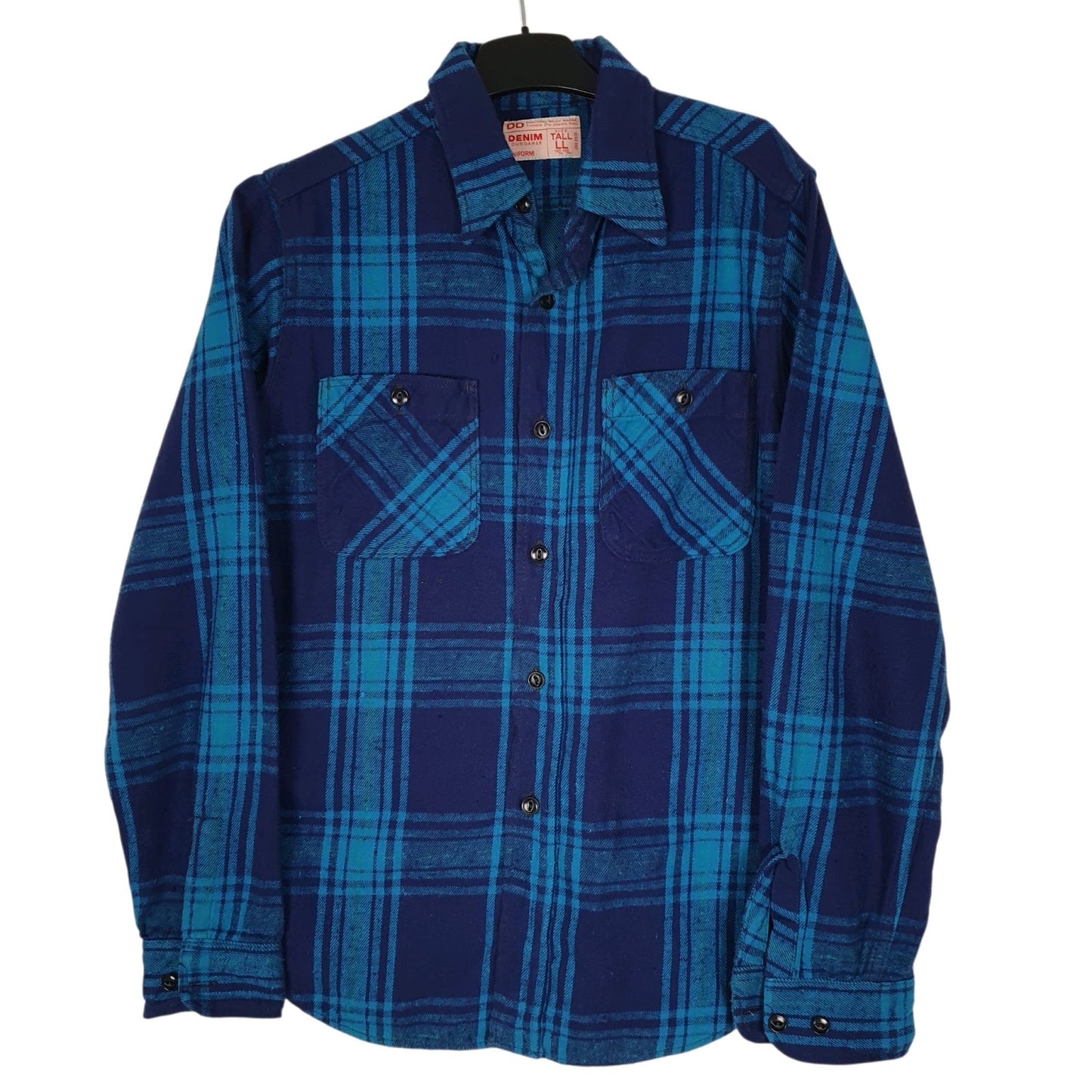 Mens Blue Denim Dungaree Plaid Flannel Uniform Long Sleeve Shirt