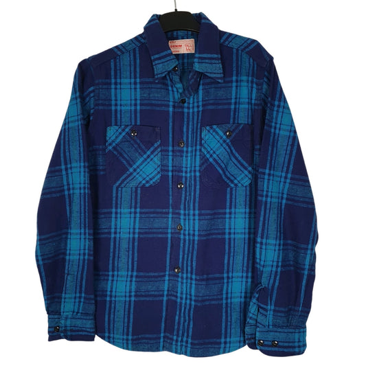 Mens Blue Denim Dungaree Plaid Flannel Uniform Long Sleeve Shirt