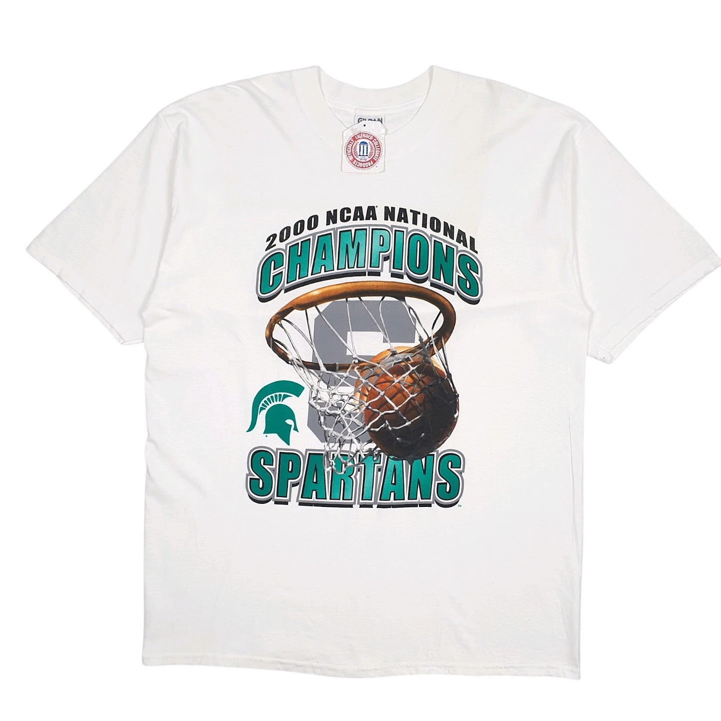 Mens White Gildan NCAA Champions Spartans Vintage 2000 Short Sleeve T Shirt
