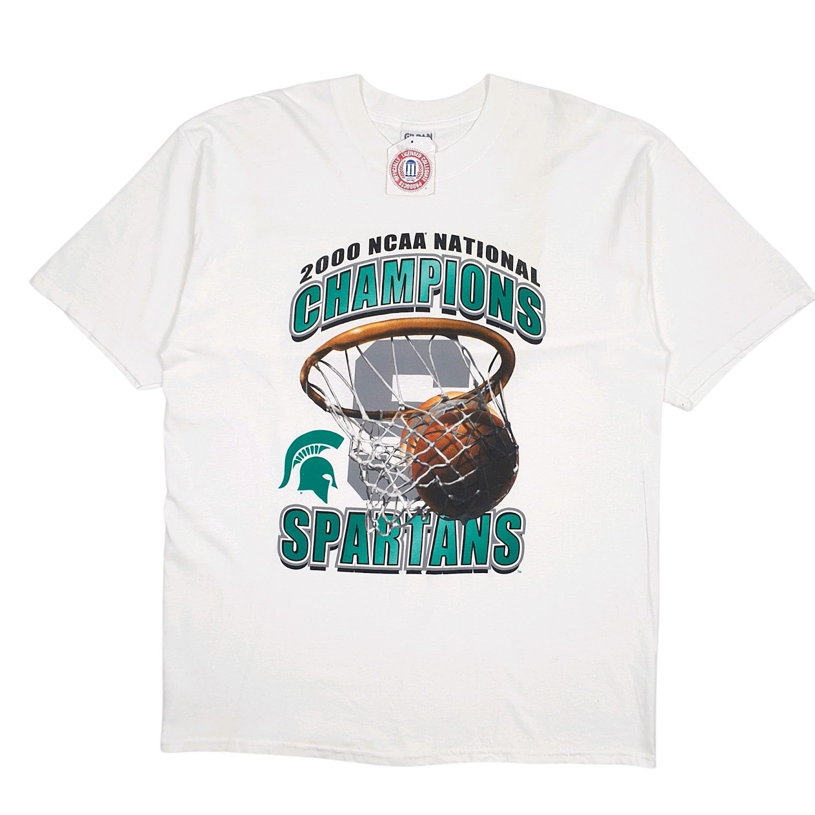 Mens White Gildan NCAA Champions Spartans Vintage 2000 Short Sleeve T Shirt