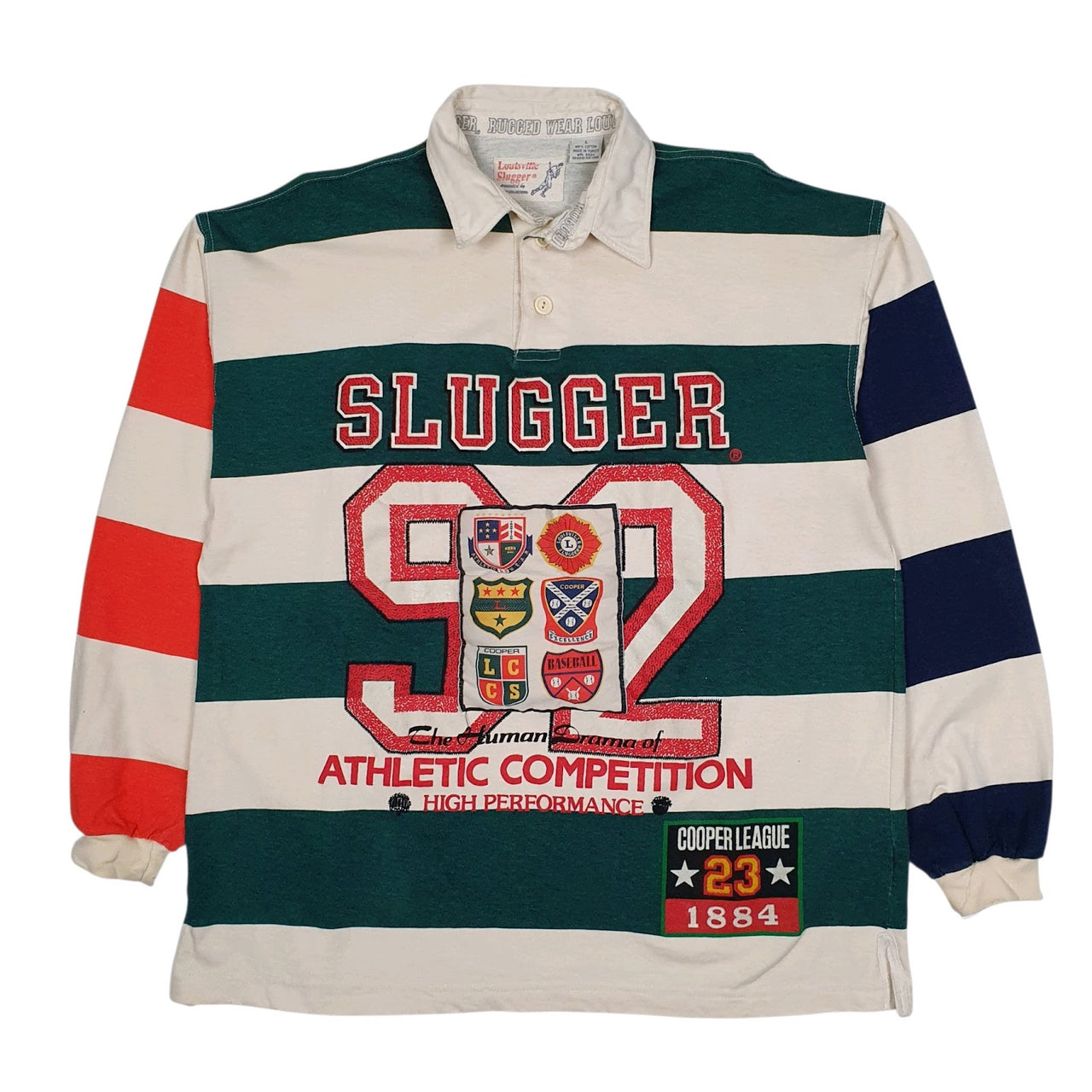 Mens Green Louisville Slugger Rugby Cooper Collections MLB Baseball Vintage 90s Long Sleeve Polo Shirt