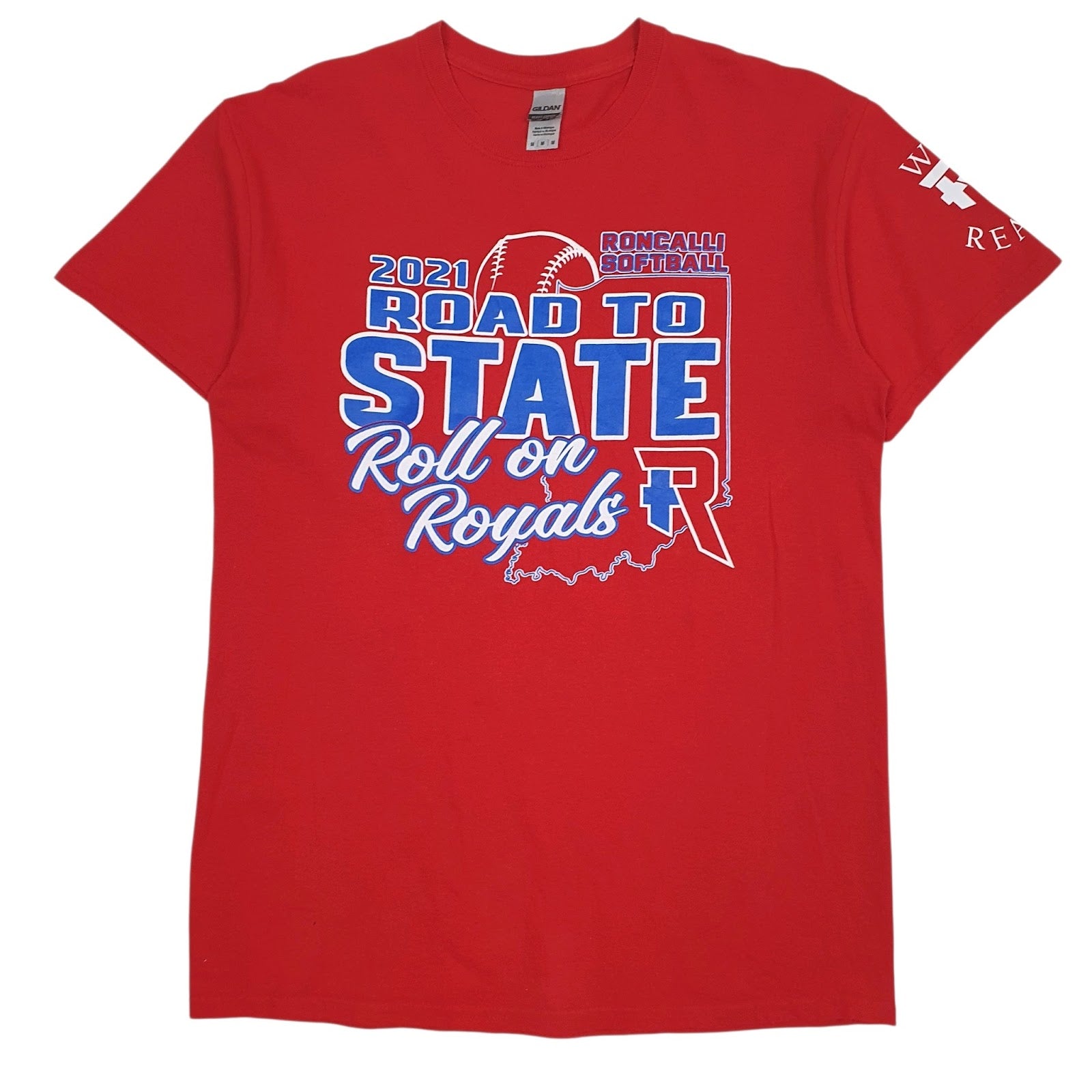 Mens Red Gildan Roncalli Softball Roll On Royals Short Sleeve T Shirt