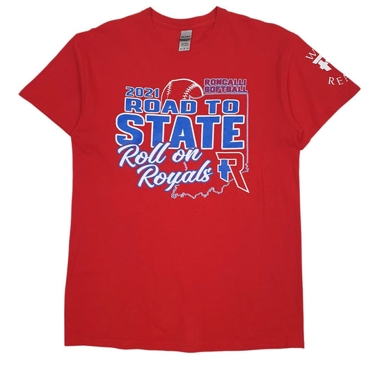 Mens Red Gildan Roncalli Softball Roll On Royals Short Sleeve T Shirt