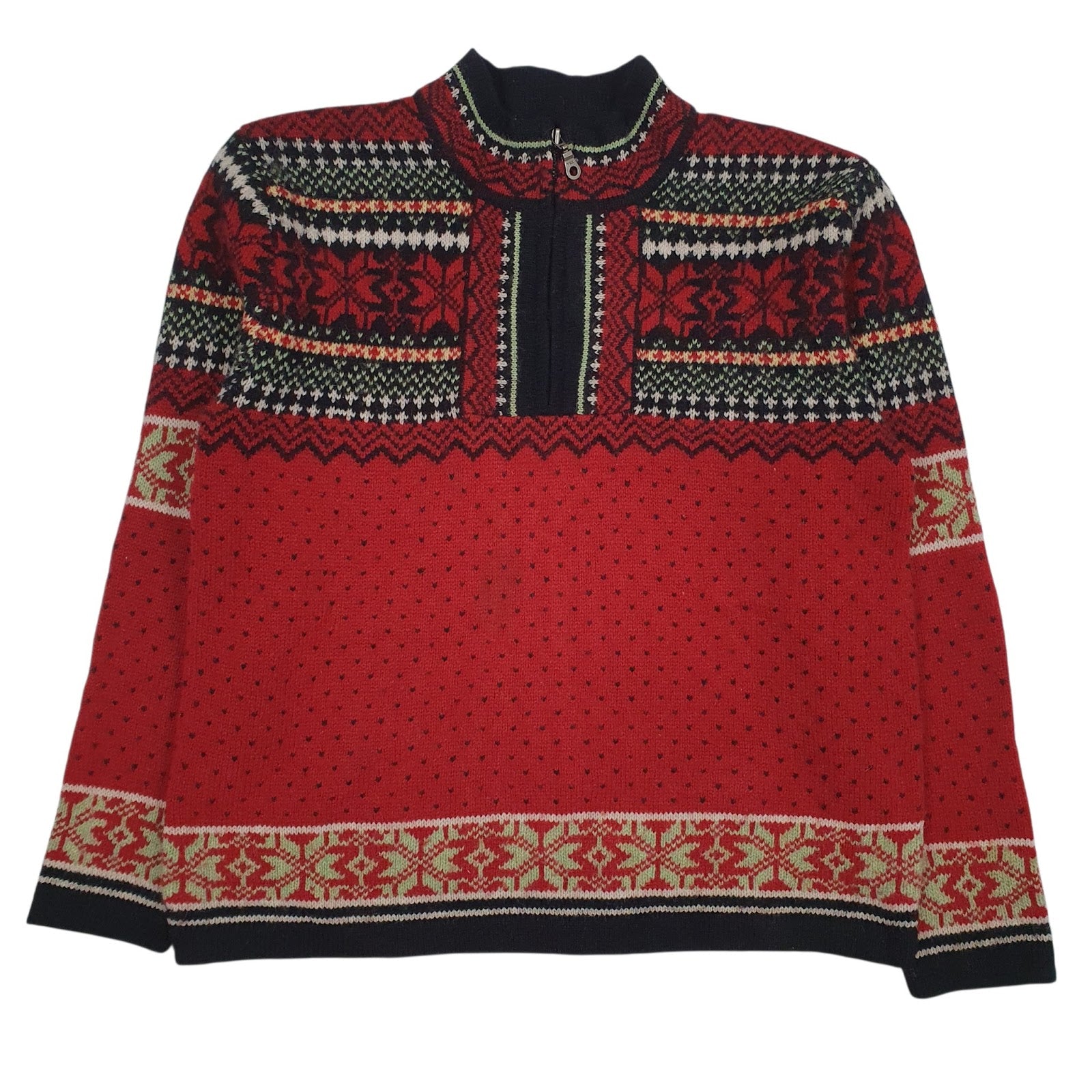 Womens Red Skyr Vintage Nordic Pattern Quarter Zip Jumper