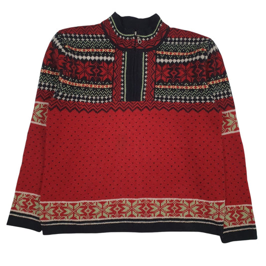 Womens Red Skyr Vintage Nordic Pattern Quarter Zip Jumper