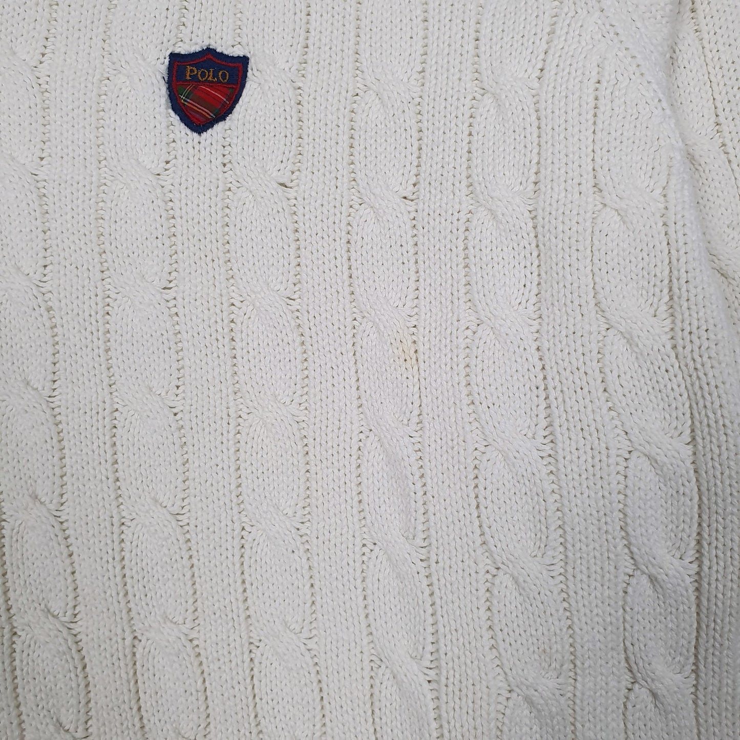 Mens White Polo Ralph Lauren Golf Cable Knit Vintage 90s V Neck Jumper