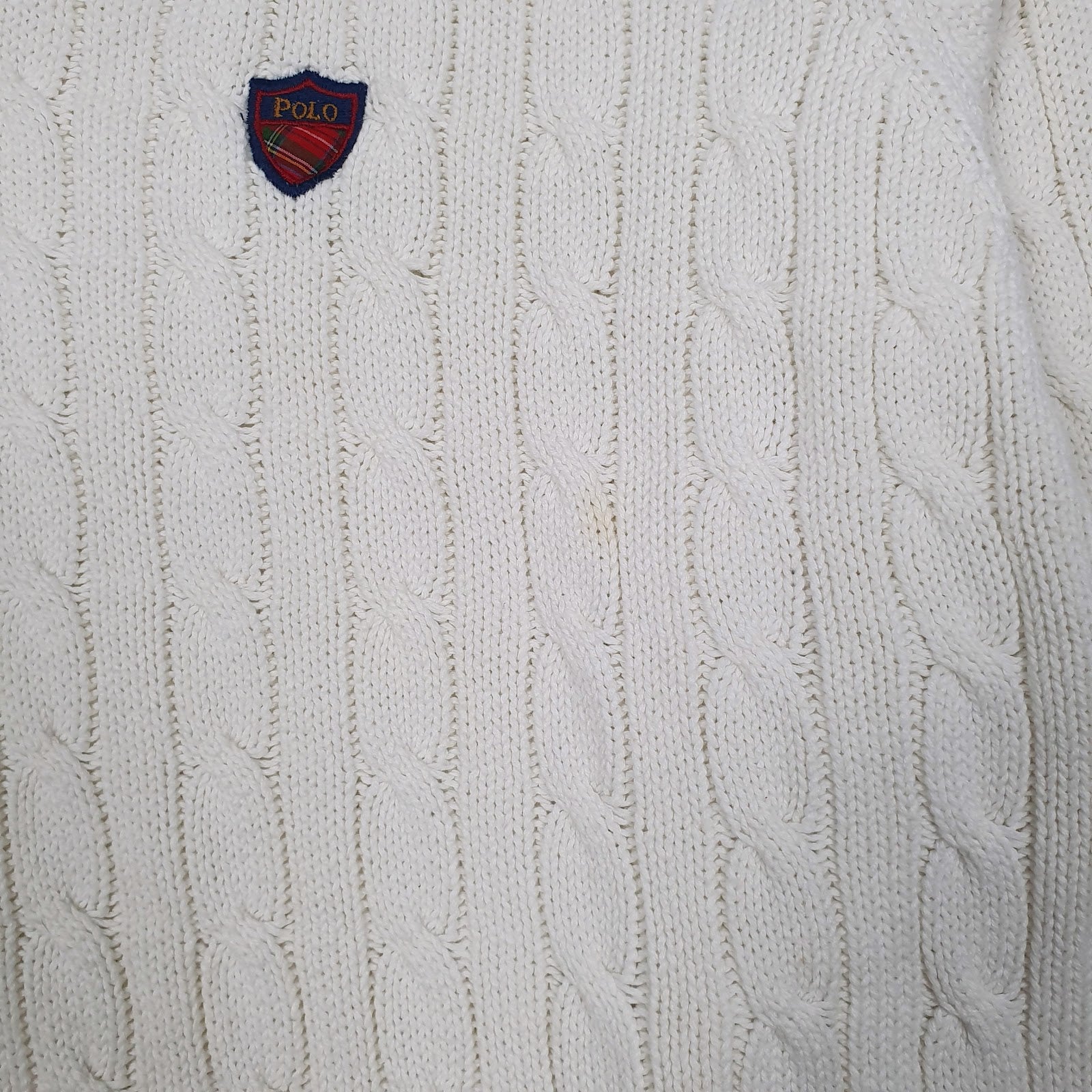 Mens White Polo Ralph Lauren Golf Cable Knit Vintage 90s V Neck Jumper