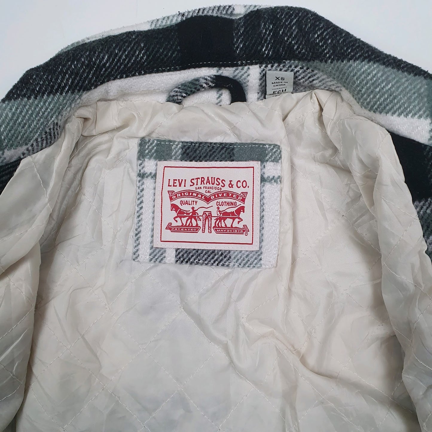Mens Grey Levis Heavy Plaid Quilt Lined Windbreaker Hoodie Coat