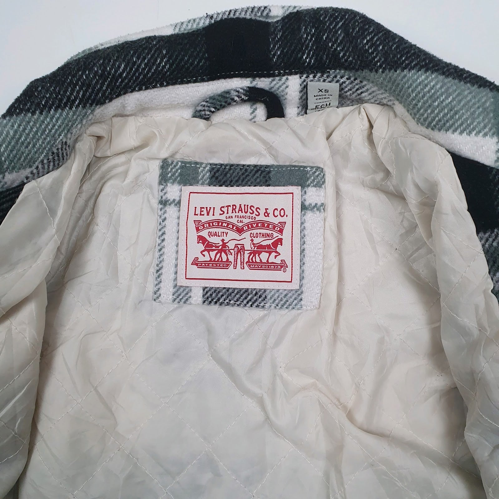 Mens Grey Levis Heavy Plaid Quilt Lined Windbreaker Hoodie Coat