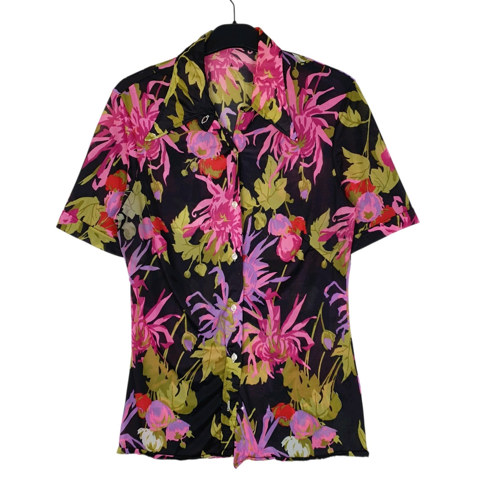Womens Black Unbranded Floral Short Sleeve Shirt