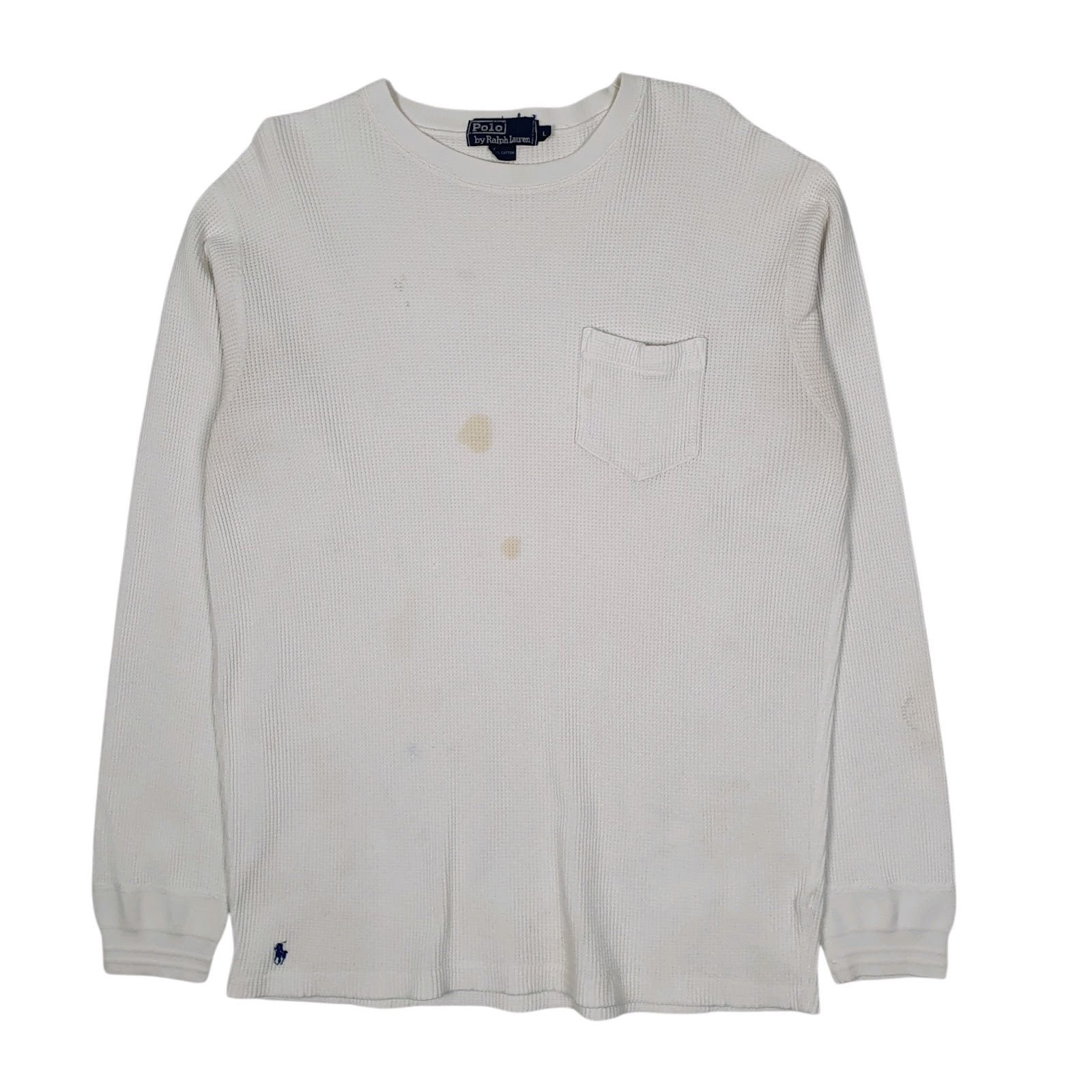 Mens White Polo Ralph Lauren Vintage 90s Thermal Crewneck Jumper
