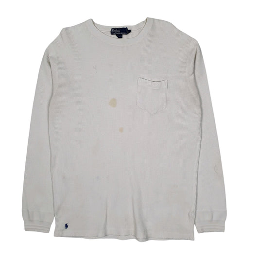 Mens White Polo Ralph Lauren Vintage 90s Thermal Crewneck Jumper