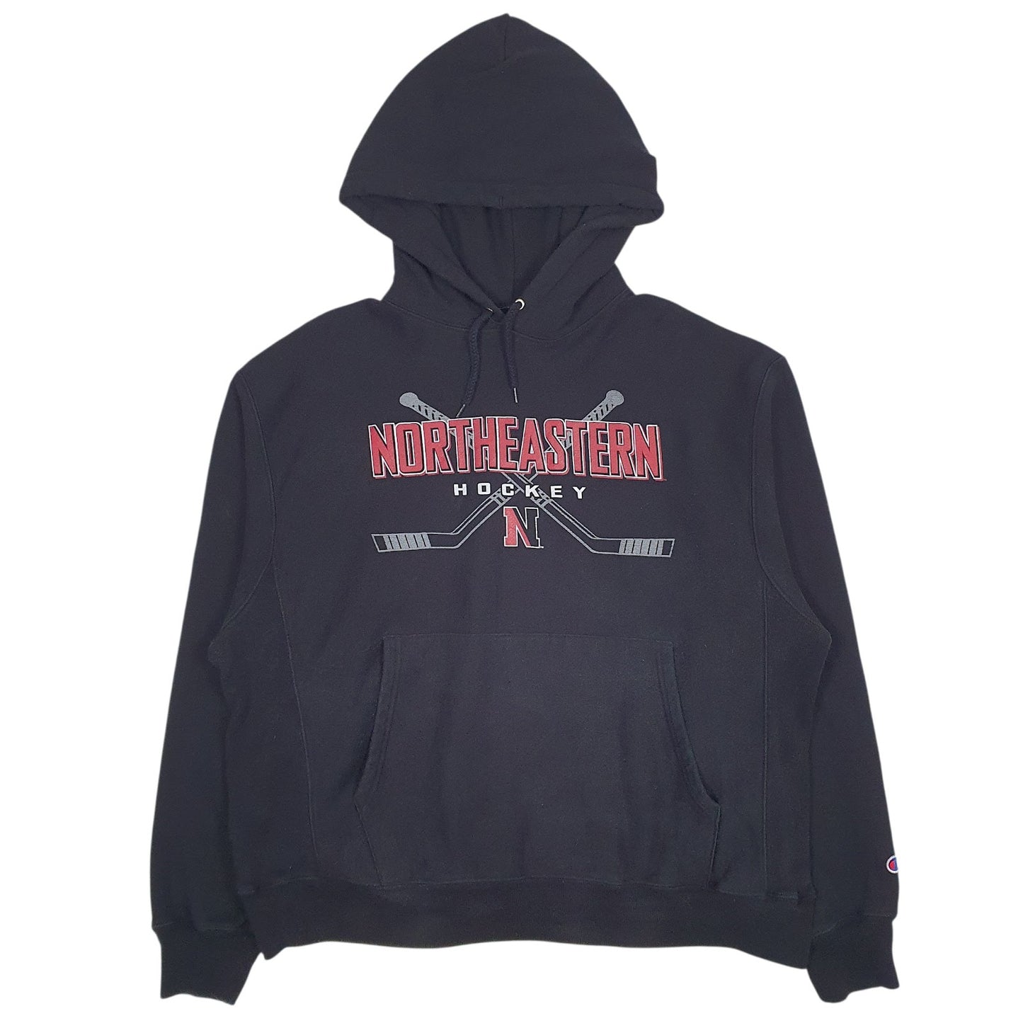 Mens Black Champion Vintage 90s Reverse Weave North Eastern Hockey Hoodie Jumper