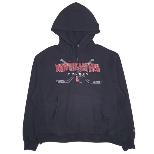 Mens Black Champion Vintage 90s Reverse Weave North Eastern Hockey Hoodie Jumper
