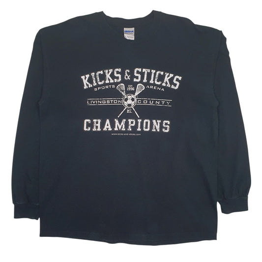 Mens Black Gildan Kicks & Sticks Champions Long Sleeve T Shirt