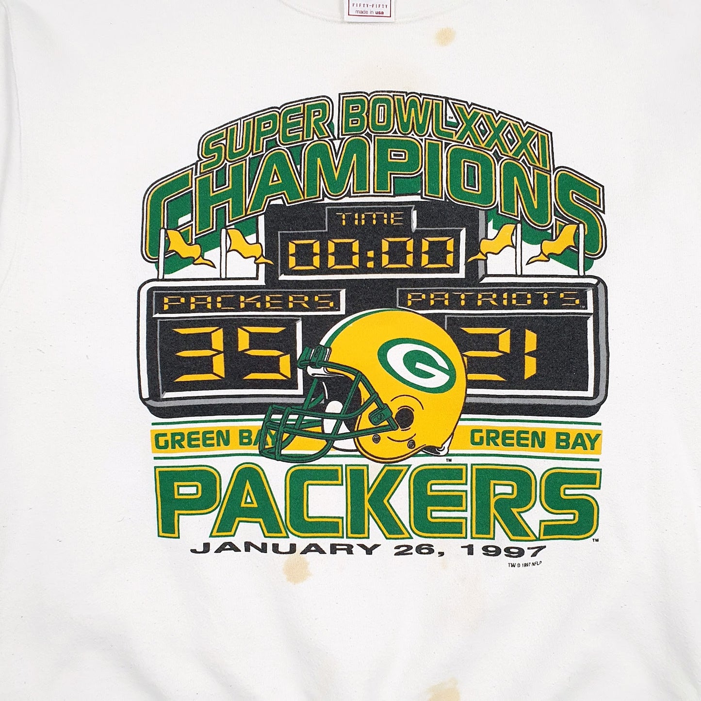 Mens White Delta Vintage 90s Made In USA NFL Superbowl Green Bay Packers Crewneck Jumper