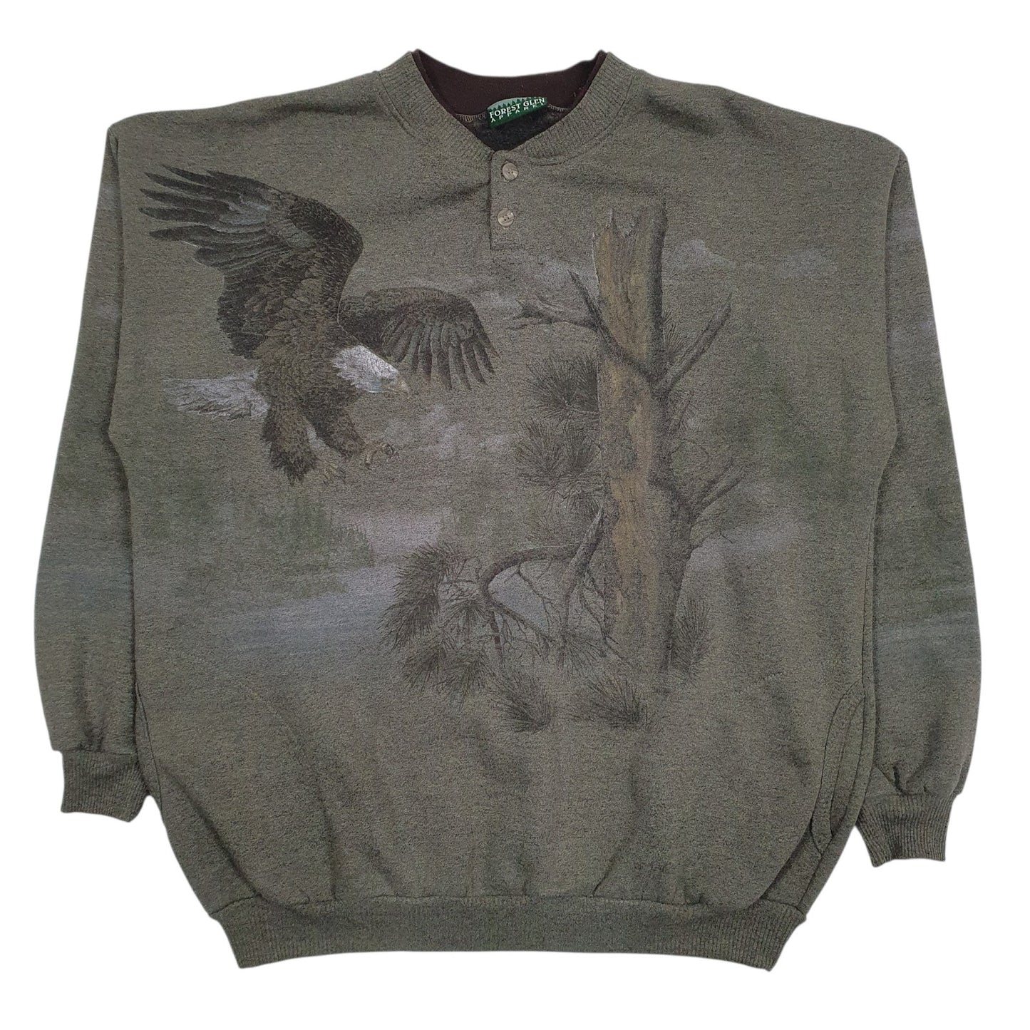Mens Green Forest Glen Apparel Henley Graphic Vintage 90s Made In USA Quarter Zip Jumper