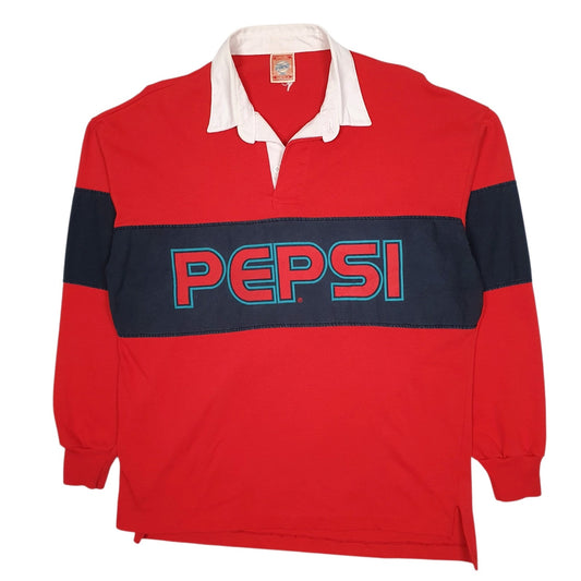 Mens Red Pepsi America Rugby Vintage 90s American Made Long Sleeve Polo Shirt