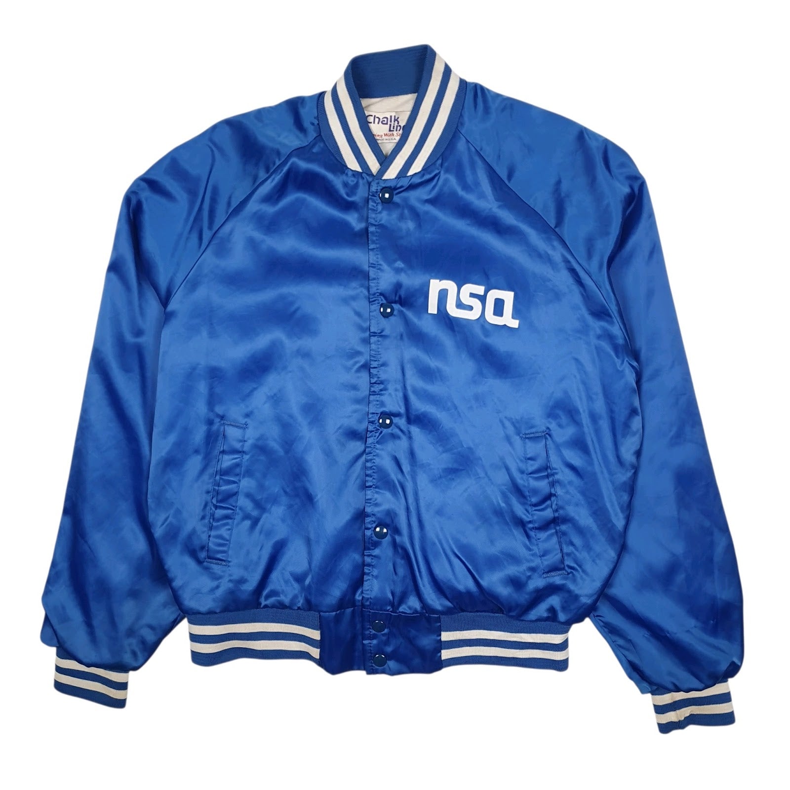Mens Blue Chalk Line Vintage 90s Bomber Varsity Satin  Coat